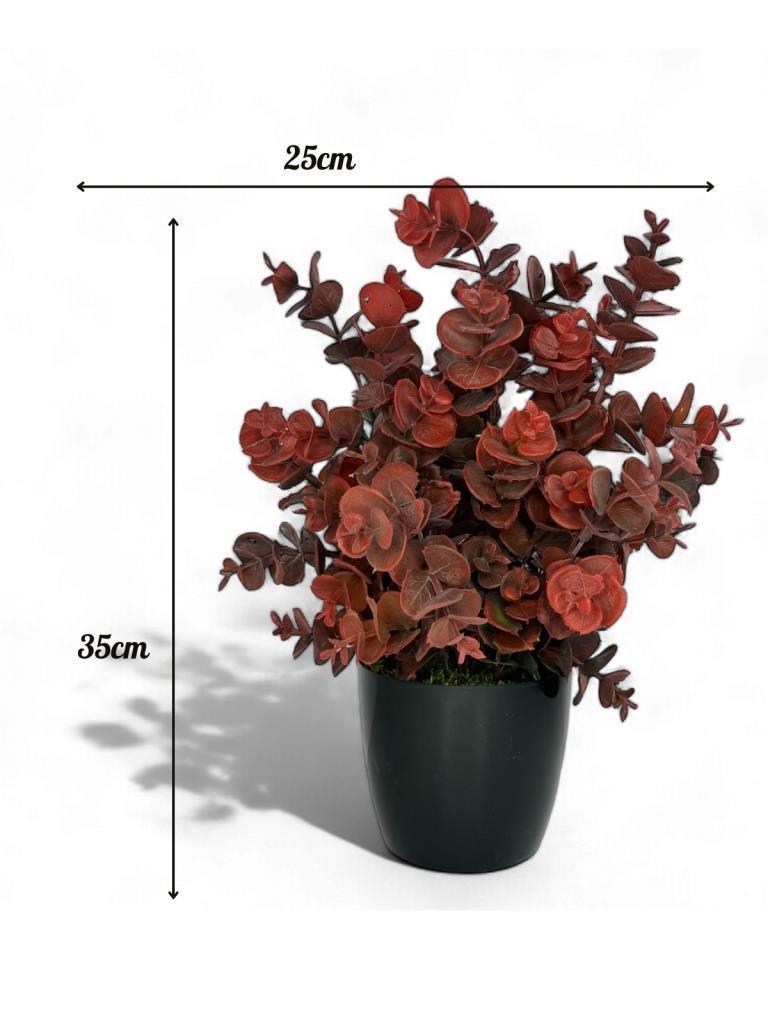Yapay Çiçek Siyah Saksıda Okaliptus Şimşir Demeti Pudralı Pastel Bordo Dekoratif Yapay Bitki