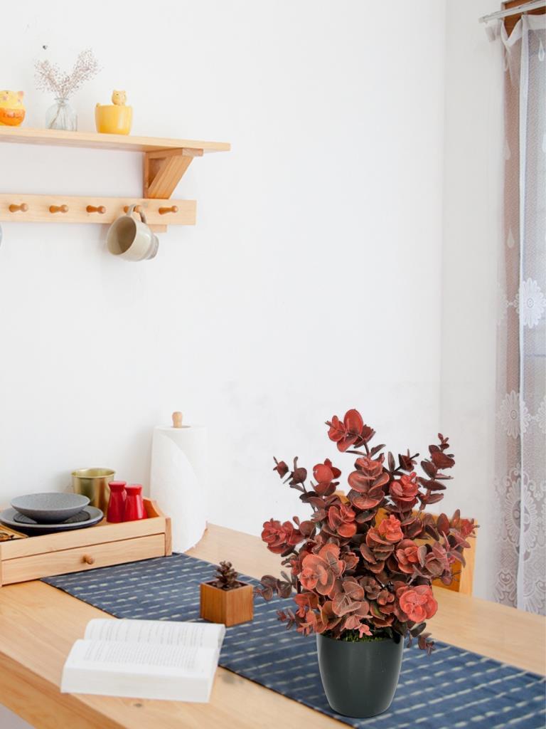 Yapay Çiçek Siyah Saksıda Okaliptus Şimşir Demeti Pudralı Pastel Bordo Dekoratif Yapay Bitki