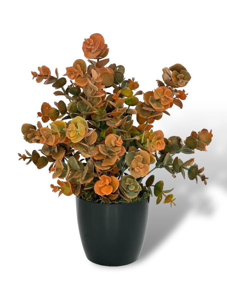 Yapay Çiçek Siyah Saksıda Okaliptus Şimşir Demeti Pudralı Pastel Turuncu Dekoratif Yapay Bitki