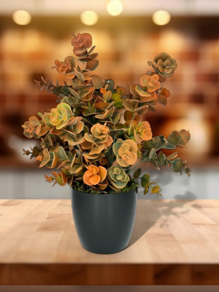 Yapay Çiçek Siyah Saksıda Okaliptus Şimşir Demeti Pudralı Pastel Turuncu Dekoratif Yapay Bitki