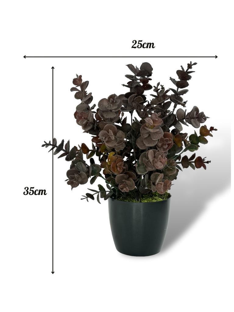 Yapay Çiçek Siyah Saksıda Okaliptus Şimşir Demeti Pudralı Pastel Kahverengi Dekoratif Yapay Bitki