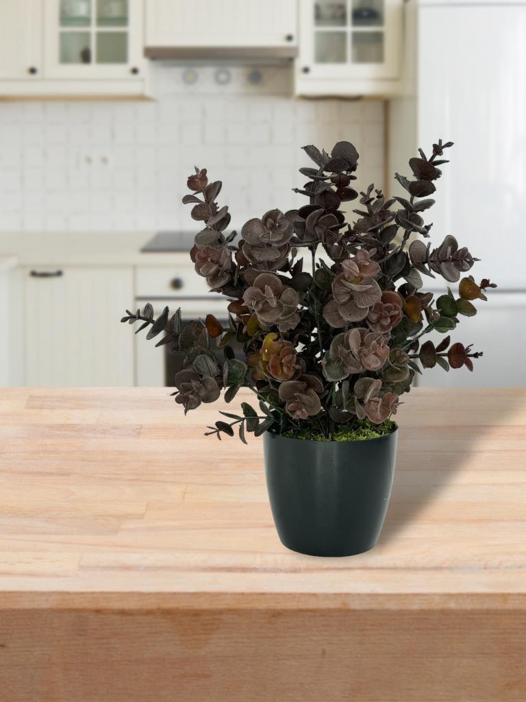 Yapay Çiçek Siyah Saksıda Okaliptus Şimşir Demeti Pudralı Pastel Kahverengi Dekoratif Yapay Bitki