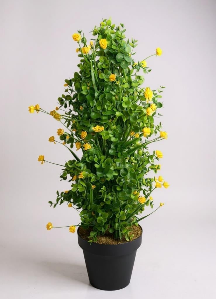 Yapay Çiçek Siyah Saksıda Sarı Lotuslu Yeşil Şimşir Ağacı 70*30cm