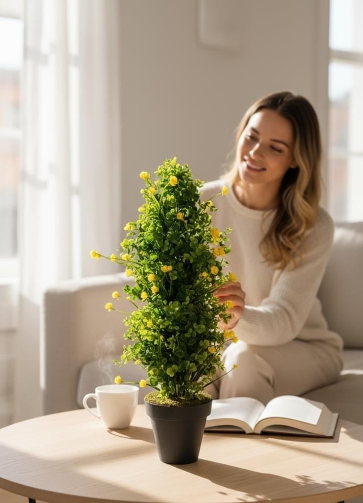 Yapay Çiçek Siyah Saksıda Sarı Lotuslu Yeşil Şimşir Ağacı 70*30cm