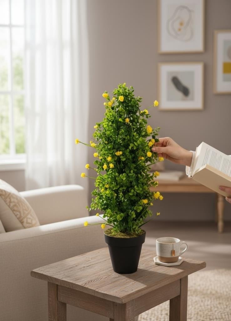 Yapay Çiçek Siyah Saksıda Sarı Lotuslu Yeşil Şimşir Ağacı 70*30cm