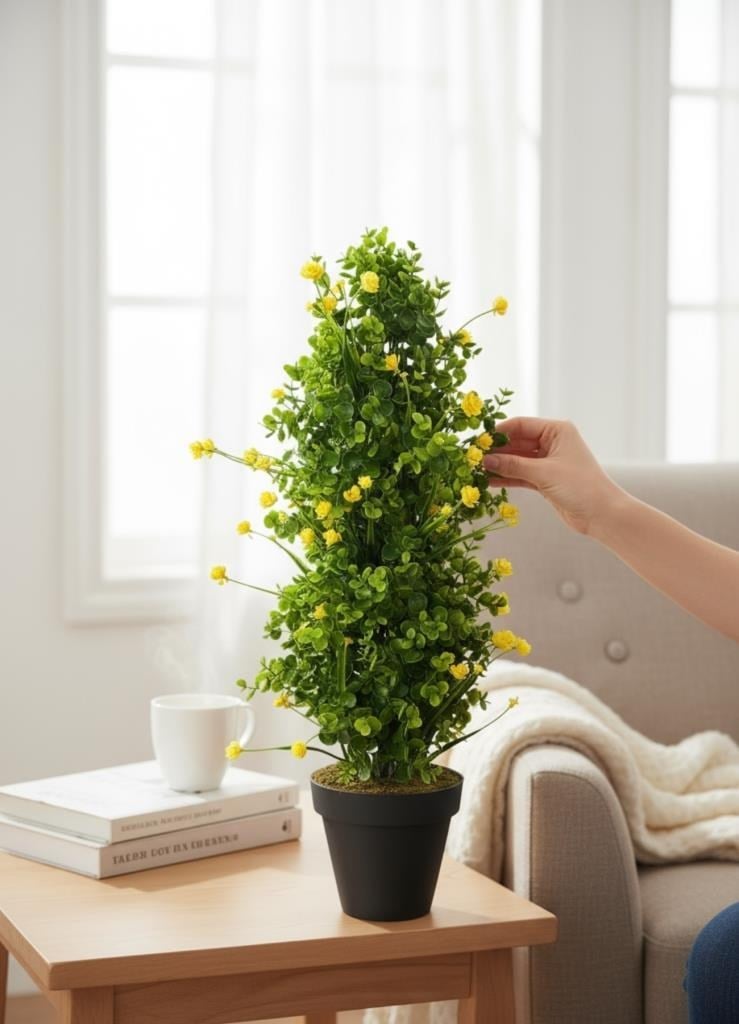 Yapay Çiçek Siyah Saksıda Sarı Lotuslu Yeşil Şimşir Ağacı 70*30cm