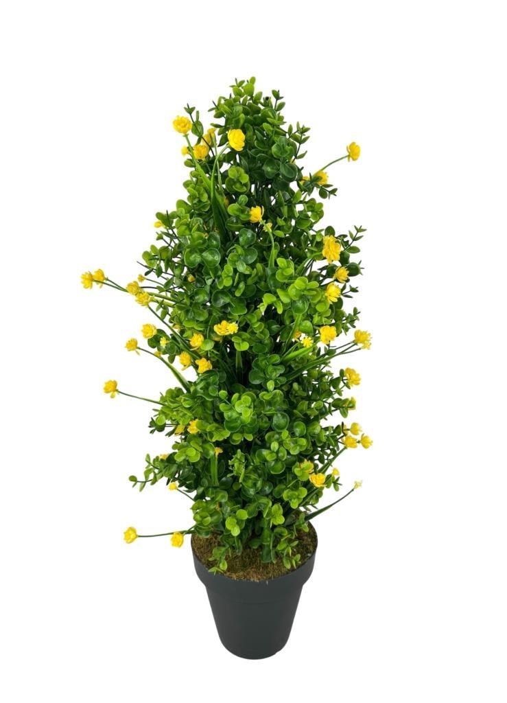 Yapay Çiçek Siyah Saksıda Sarı Lotuslu Yeşil Şimşir Ağacı 70*30cm