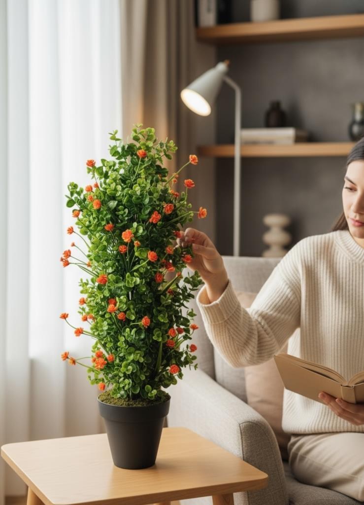 Yapay Çiçek Siyah Saksıda Turuncu Lotuslu Yeşil Şimşir Ağacı 70*30cm