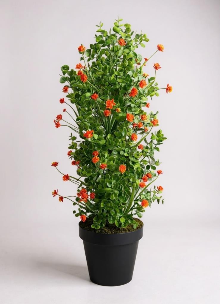 Yapay Çiçek Siyah Saksıda Turuncu Lotuslu Yeşil Şimşir Ağacı 70*30cm