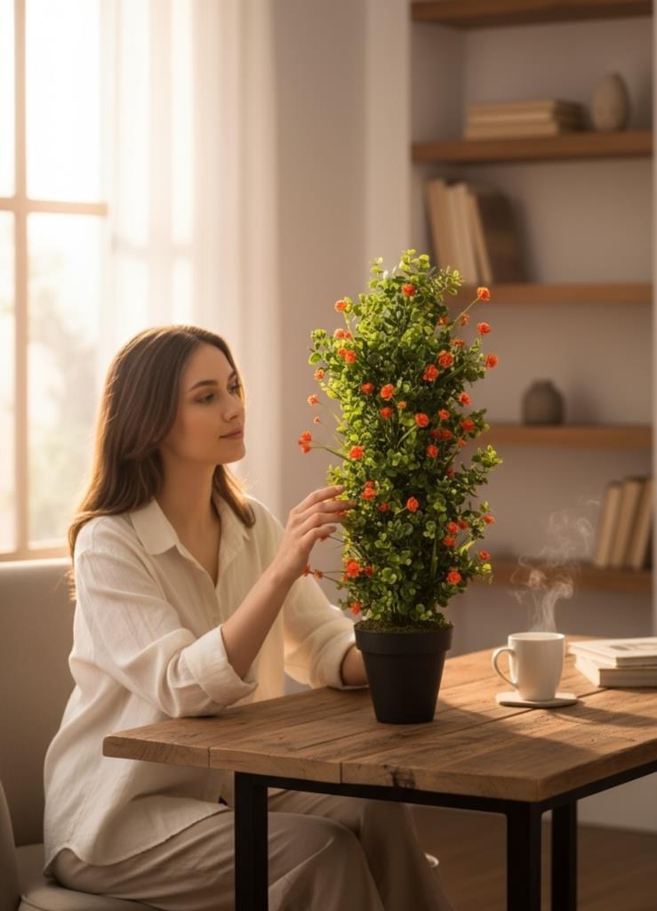 Yapay Çiçek Siyah Saksıda Turuncu Lotuslu Yeşil Şimşir Ağacı 70*30cm