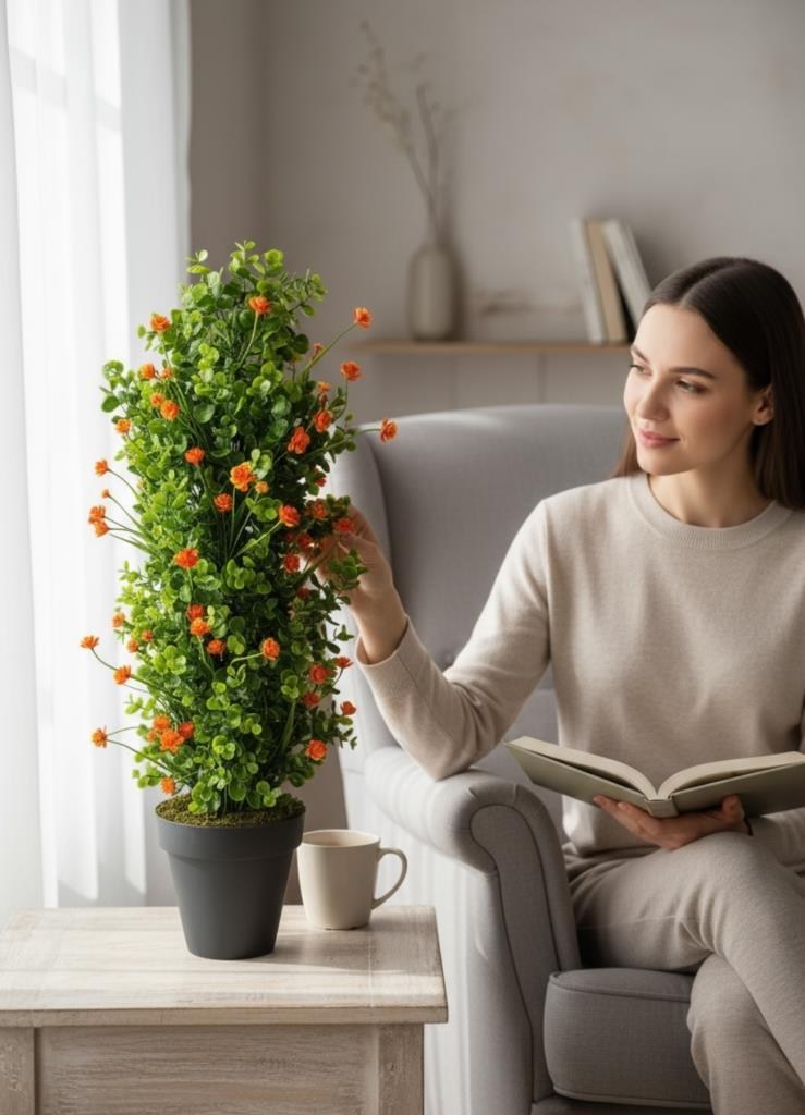 Yapay Çiçek Siyah Saksıda Turuncu Lotuslu Yeşil Şimşir Ağacı 70*30cm