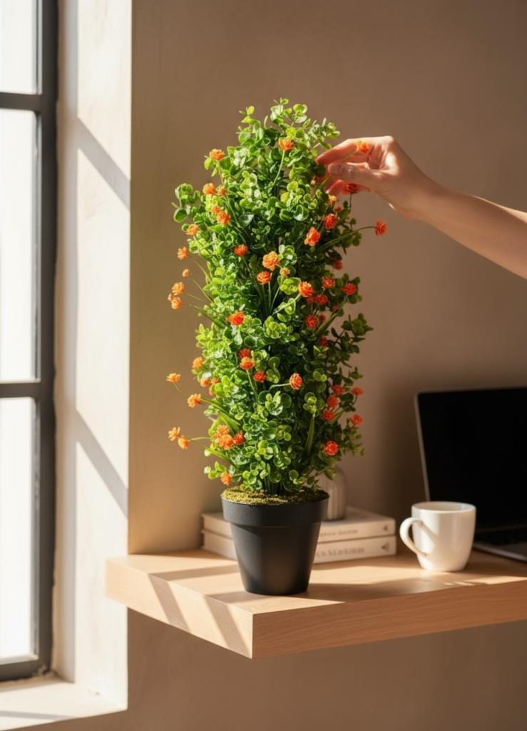 Yapay Çiçek Siyah Saksıda Turuncu Lotuslu Yeşil Şimşir Ağacı 70*30cm