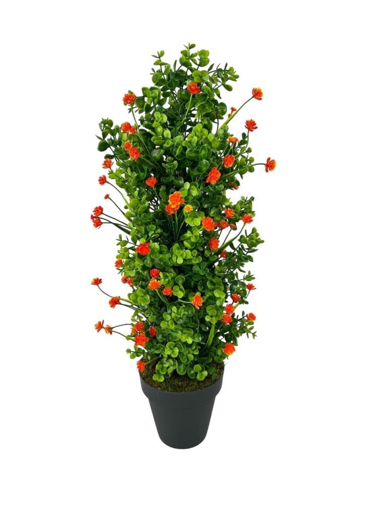 Yapay Çiçek Siyah Saksıda Turuncu Lotuslu Yeşil Şimşir Ağacı 70*30cm