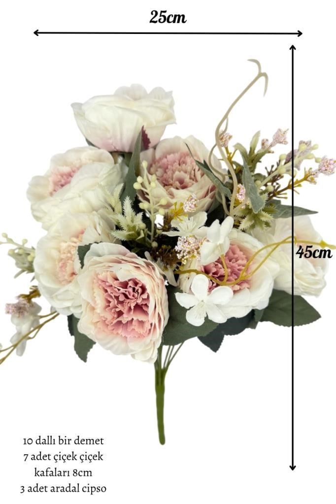 Yapay Çiçek Soft Pembe 10Dallı Katmerli Gelincik Karışık Aranjman Demeti 45*25cm