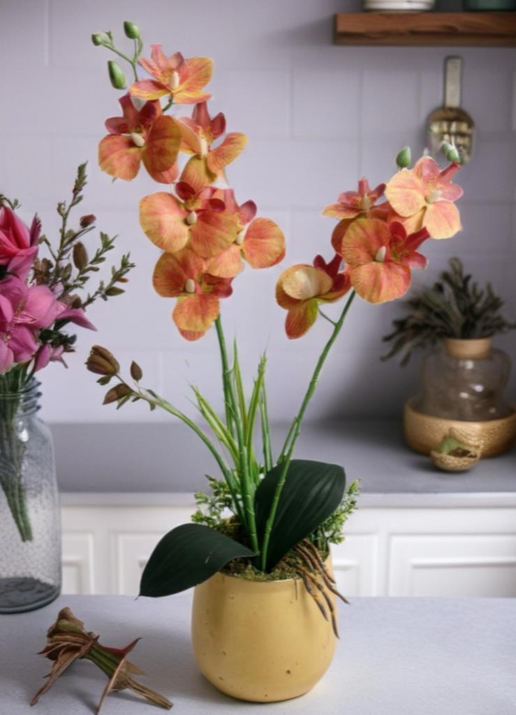 Yapay Çiçek Somon Islak Orkide Gold Metal Saksıda Saksıda Orkide 50cm