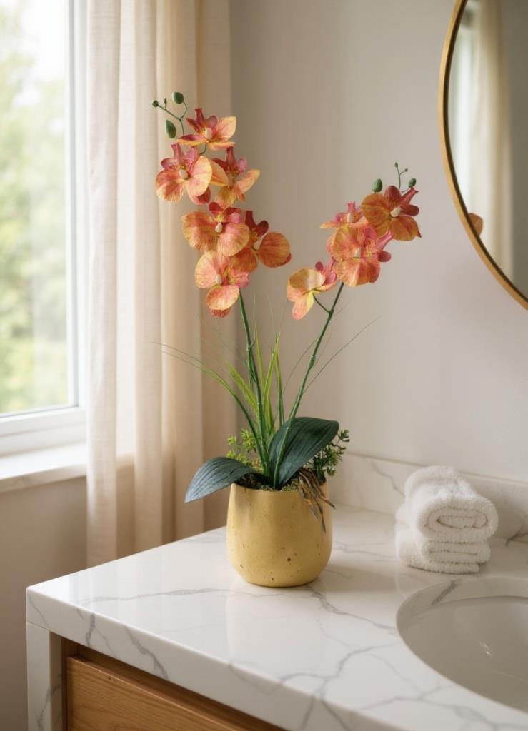 Yapay Çiçek Somon Islak Orkide Gold Metal Saksıda Saksıda Orkide 50cm