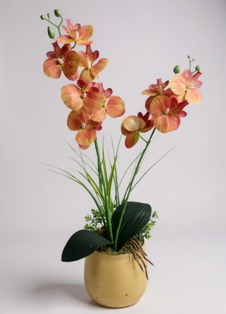 Yapay Çiçek Somon Islak Orkide Gold Metal Saksıda Saksıda Orkide 50cm