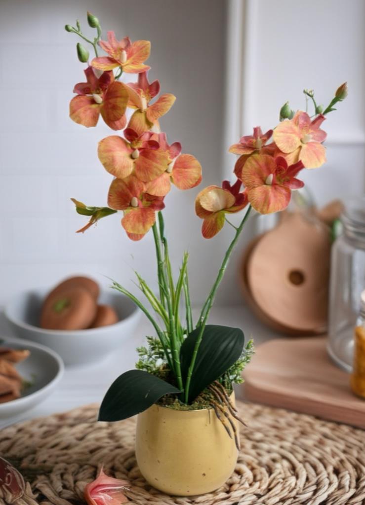 Yapay Çiçek Somon Islak Orkide Gold Metal Saksıda Saksıda Orkide 50cm