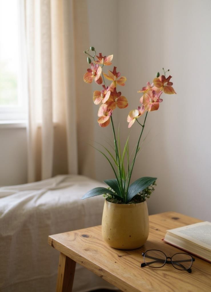 Yapay Çiçek Somon Islak Orkide Gold Metal Saksıda Saksıda Orkide 50cm