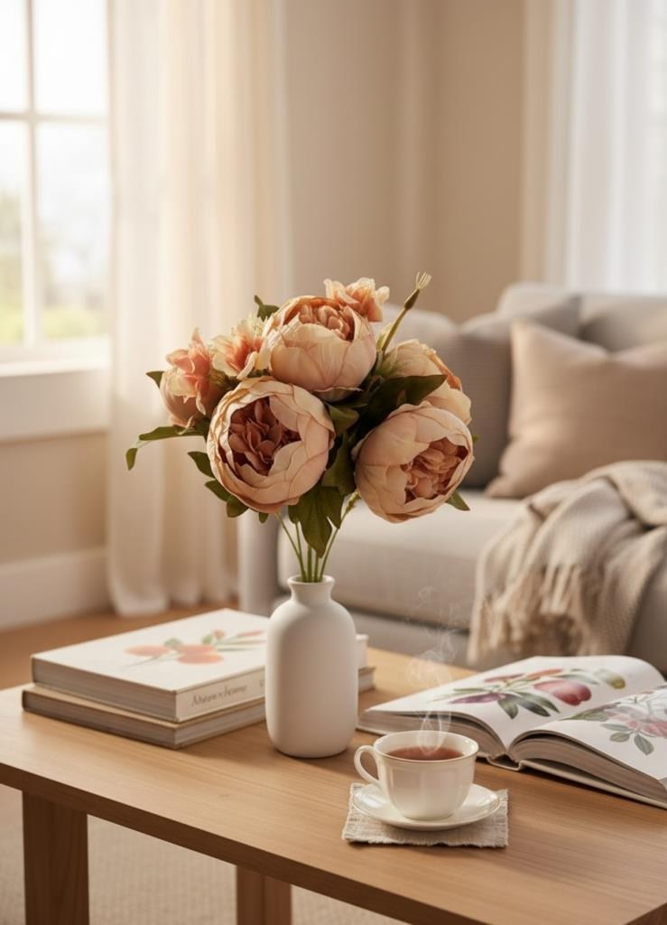 Yapay Çiçek Somon Şakayık Demeti 7Dallı Buket 5 Şakayık 2 Aradal Çiçekleri 40*25cm