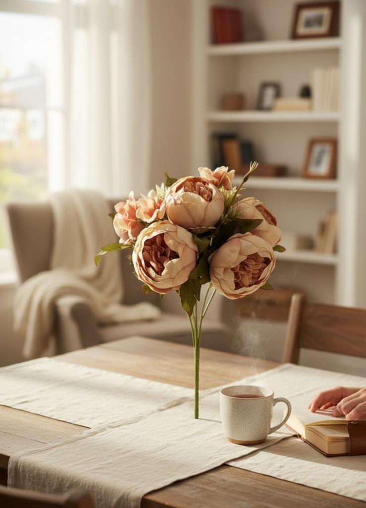 Yapay Çiçek Somon Şakayık Demeti 7Dallı Buket 5 Şakayık 2 Aradal Çiçekleri 40*25cm