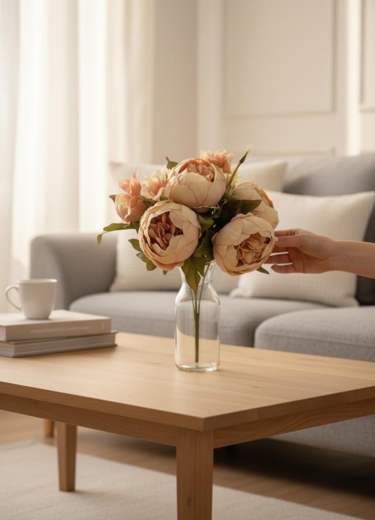 Yapay Çiçek Somon Şakayık Demeti 7Dallı Buket 5 Şakayık 2 Aradal Çiçekleri 40*25cm