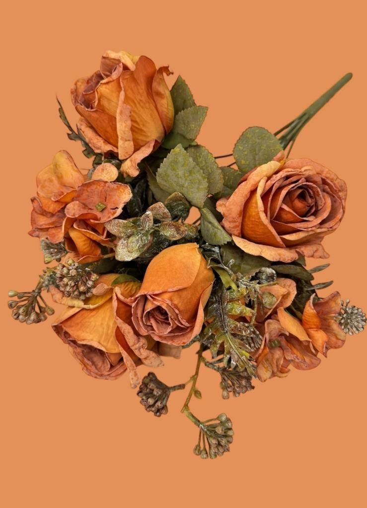 Yapay Çiçek Somon Vintage Kuru Gül Aranjman Demeti 9Dallı Buket Gül Ve Aradal Çiçekleri 50*35cm