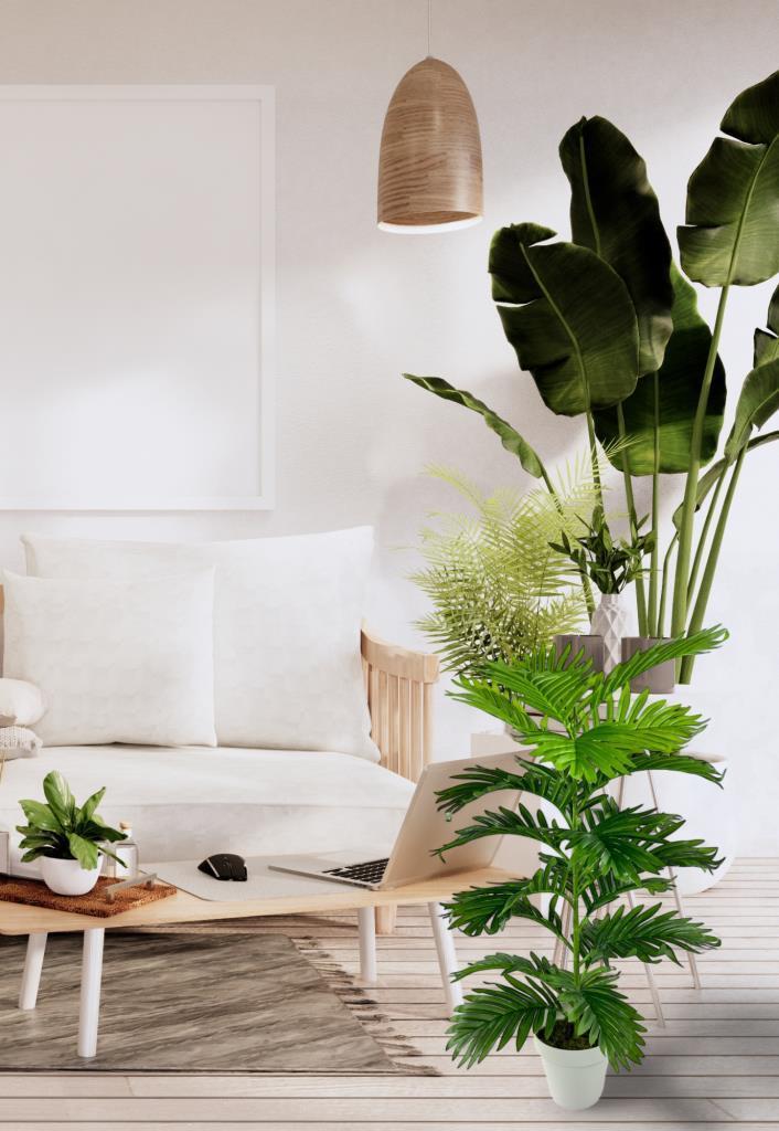 Yapay Çiçek Tropik Areka 80cm 23 Yapraklı Salon Çiçeği Beyaz Saksılı Yapay Bitki