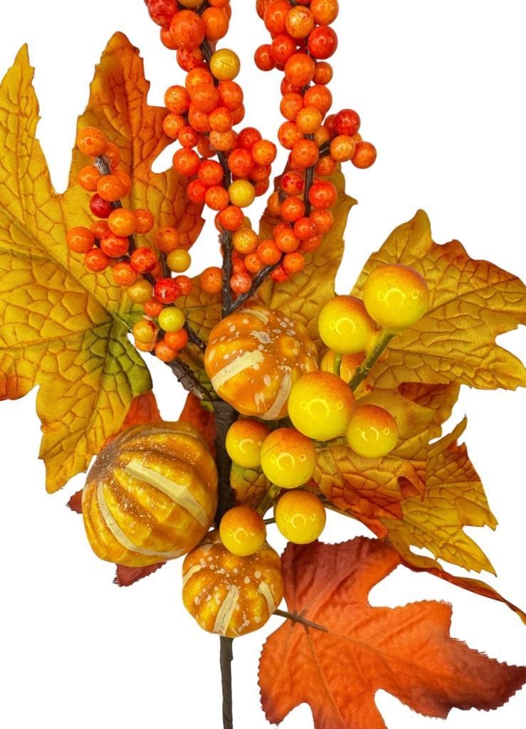 Yapay Çiçek Turuncu Kokina Halloween Turuncu Sonbahar Çınar Yapraklı Dal 45cm Yılbaşı Çiçeği Red Berry