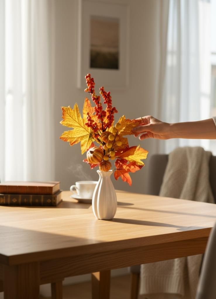 Yapay Çiçek Turuncu Kokina Halloween Turuncu Sonbahar Çınar Yapraklı Dal 45cm Yılbaşı Çiçeği Red Berry