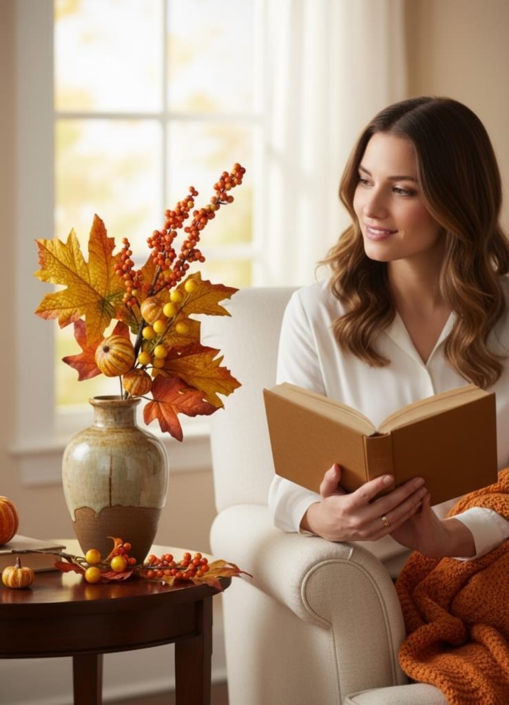 Yapay Çiçek Turuncu Kokina Halloween Turuncu Sonbahar Çınar Yapraklı Dal 45cm Yılbaşı Çiçeği Red Berry
