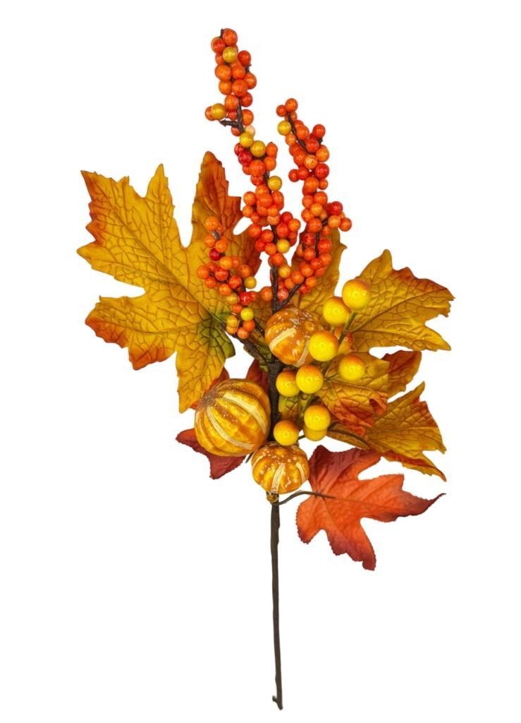 Yapay Çiçek Turuncu Kokina Halloween Turuncu Sonbahar Çınar Yapraklı Dal 45cm Yılbaşı Çiçeği Red Berry