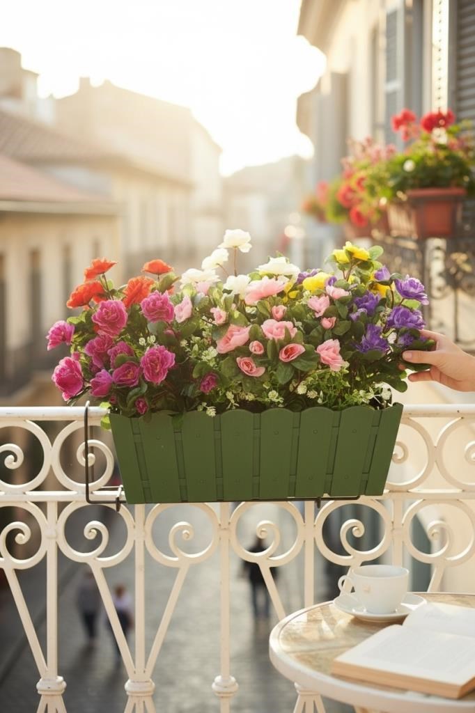 Yapay Çiçek Yeşil Balkon Saksıda Küpeşte Askılı Açelya Çiçeği Karışık Renkli Çiçek Sepeti 50cm