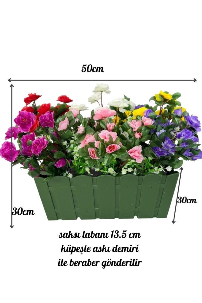 Yapay Çiçek Yeşil Balkon Saksıda Küpeşte Askılı Açelya Çiçeği Karışık Renkli Çiçek Sepeti 50cm