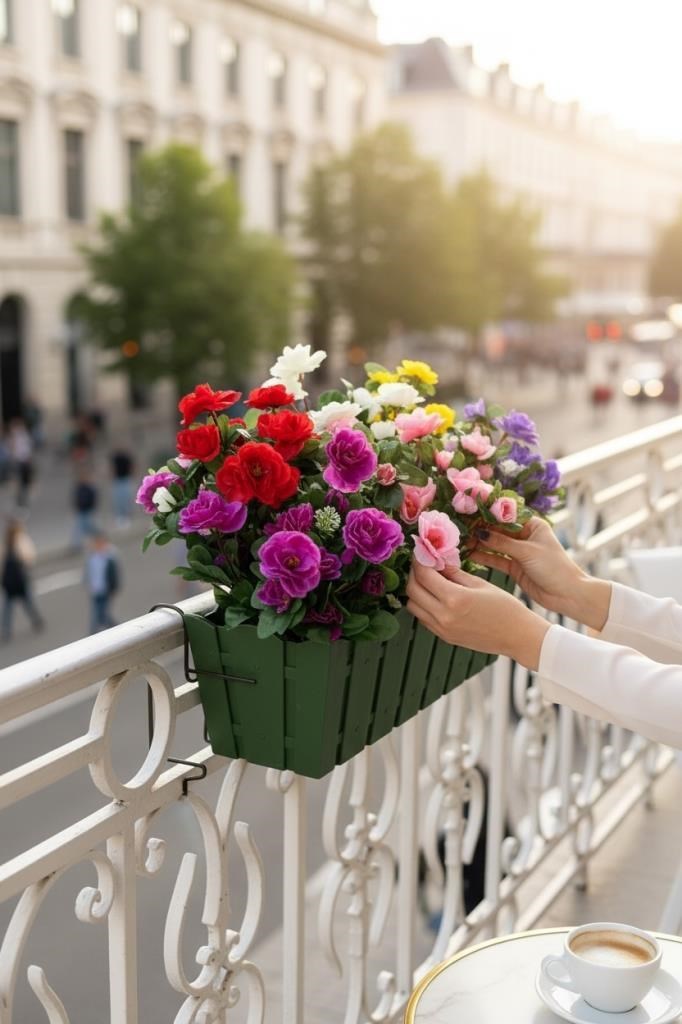 Yapay Çiçek Yeşil Balkon Saksıda Küpeşte Askılı Açelya Çiçeği Karışık Renkli Çiçek Sepeti 50cm
