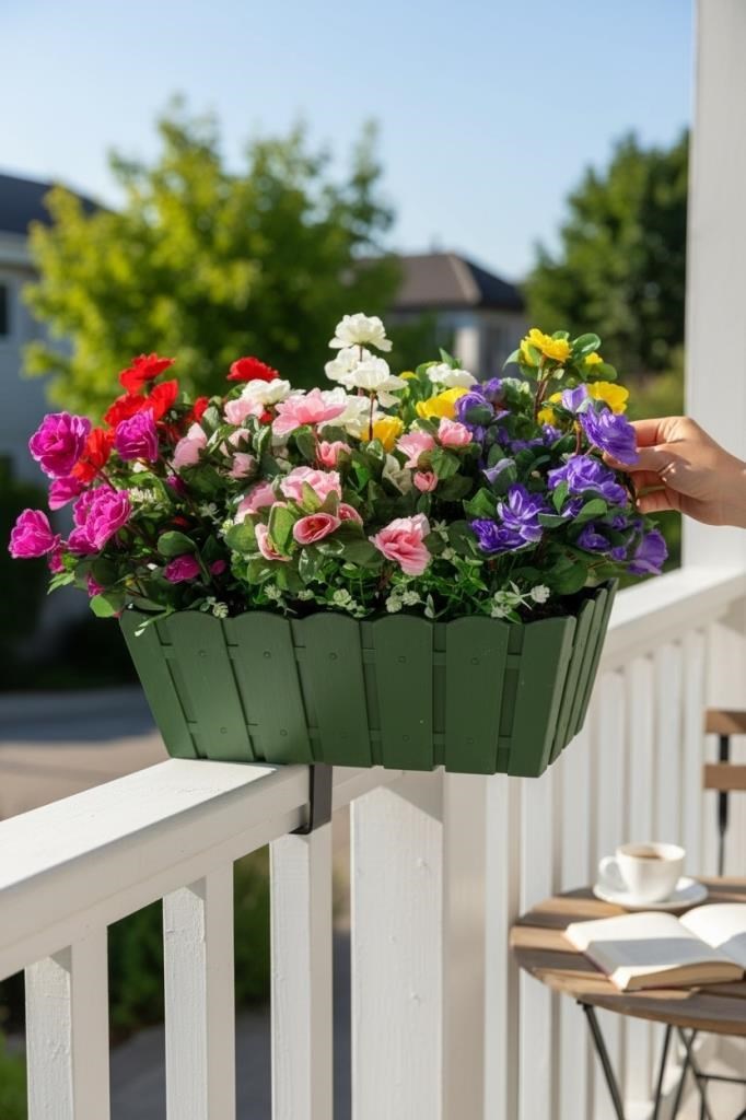Yapay Çiçek Yeşil Balkon Saksıda Küpeşte Askılı Açelya Çiçeği Karışık Renkli Çiçek Sepeti 50cm