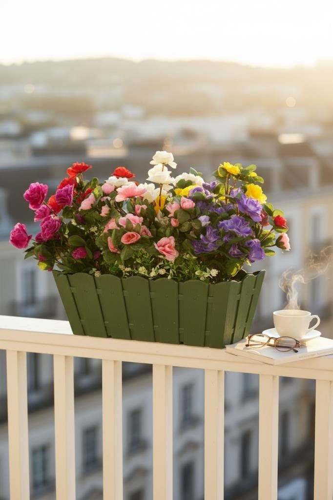 Yapay Çiçek Yeşil Balkon Saksıda Küpeşte Askılı Açelya Çiçeği Karışık Renkli Çiçek Sepeti 50cm