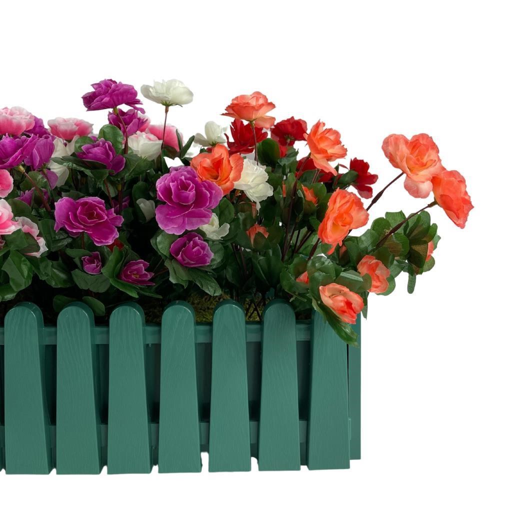 Yapay Çiçek Yeşil Çit Balkon Saksısı Renkli Açelya Çiçekli 55*20cm