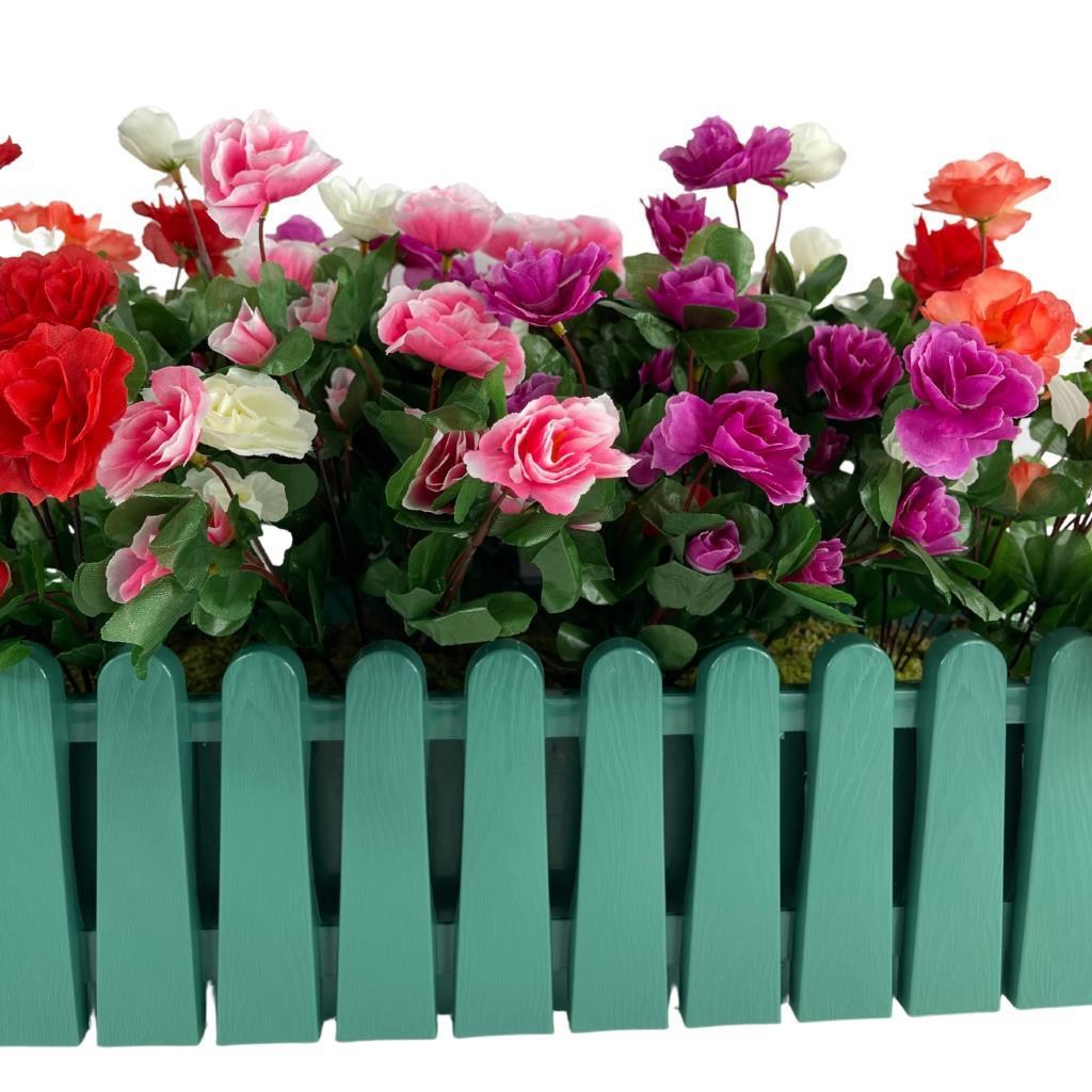 Yapay Çiçek Yeşil Çit Balkon Saksısı Renkli Açelya Çiçekli 55*20cm