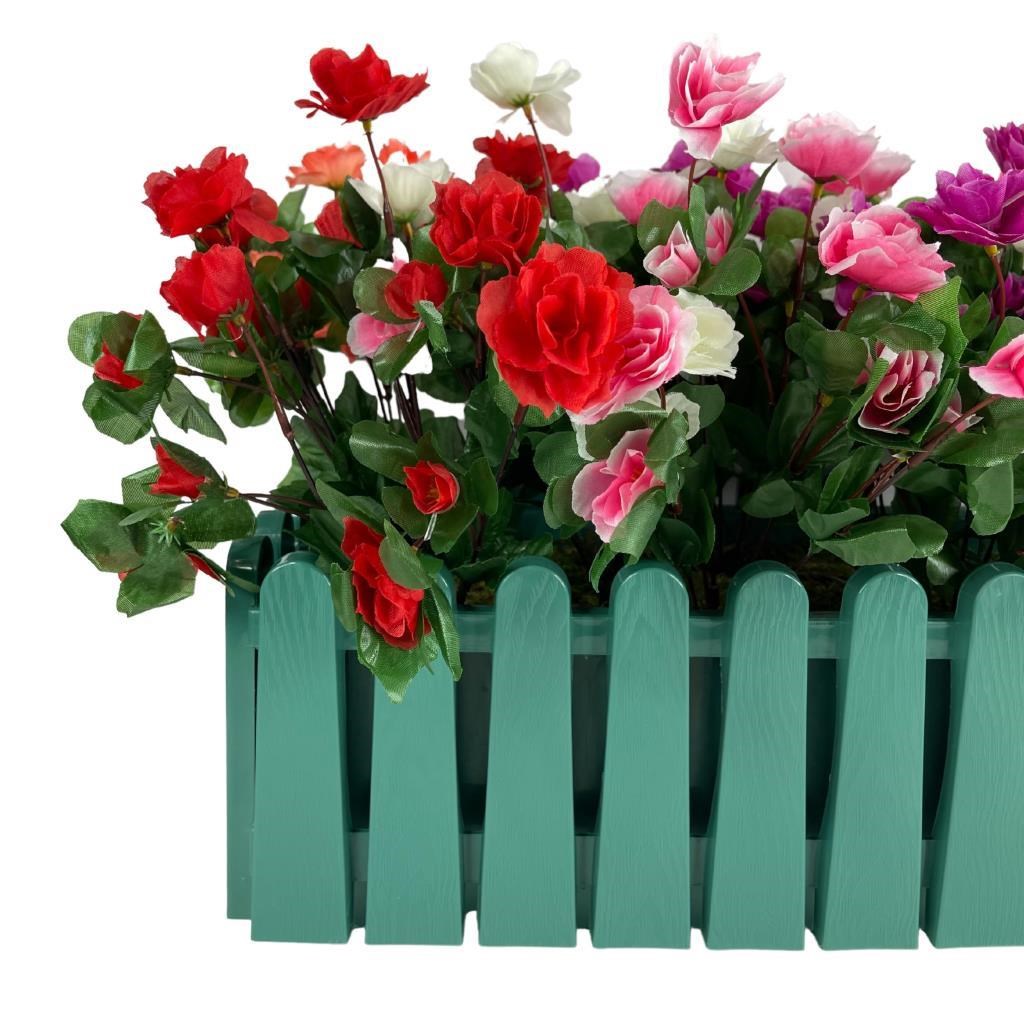 Yapay Çiçek Yeşil Çit Balkon Saksısı Renkli Açelya Çiçekli 55*20cm
