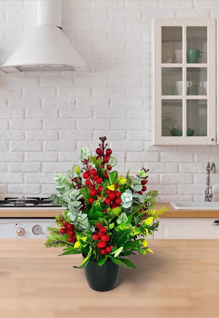 Yapay Çiçek Yılbaşı Çiçeği Kırmızı Kokina Ve Pastel Şimşir Siyah Saksıda