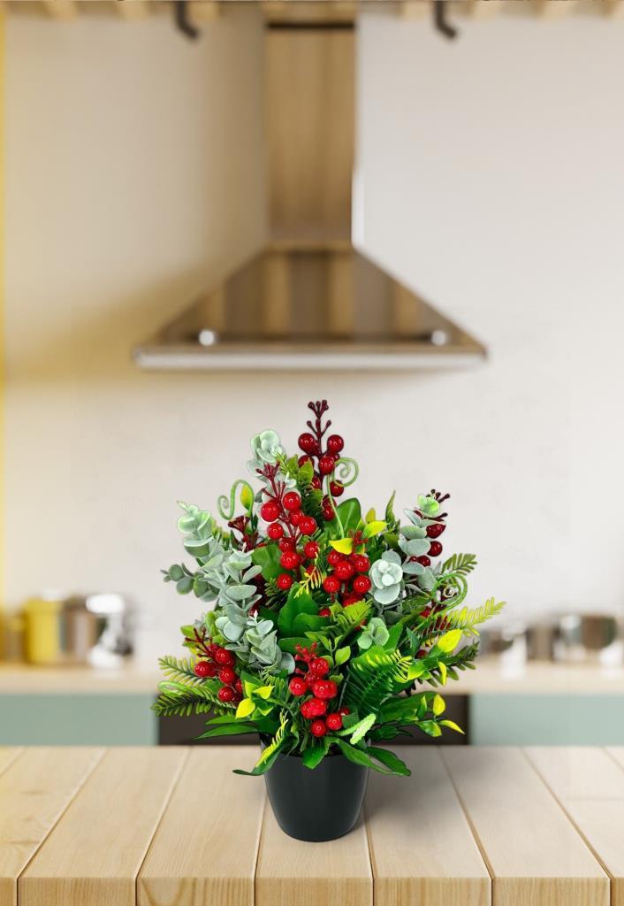 Yapay Çiçek Yılbaşı Çiçeği Kırmızı Kokina Ve Pastel Şimşir Siyah Saksıda