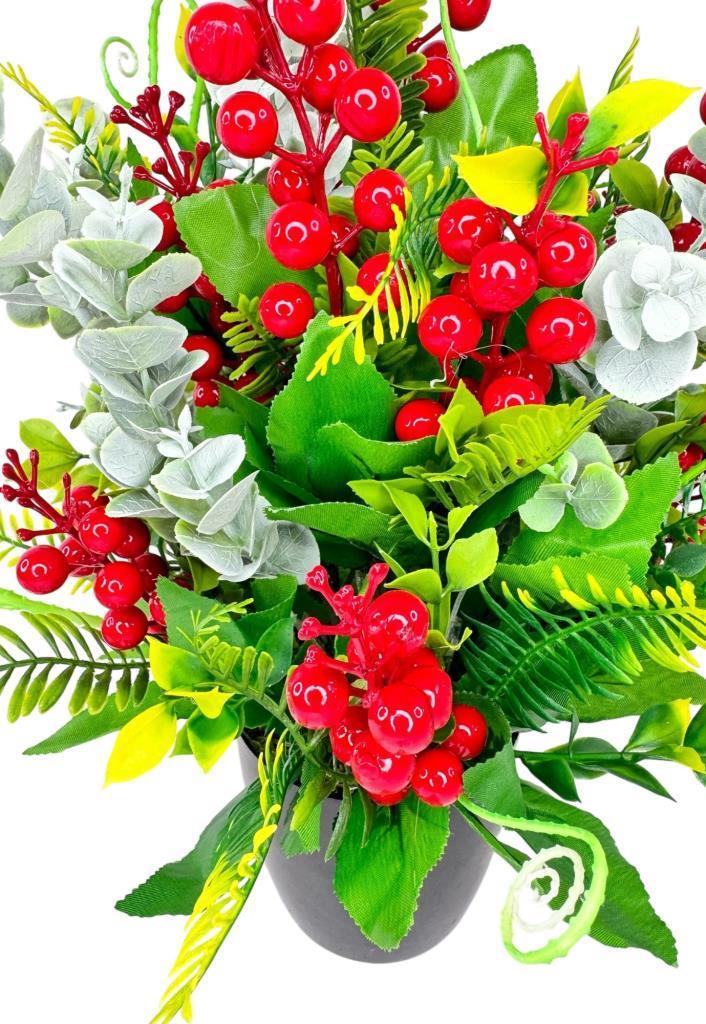 Yapay Çiçek Yılbaşı Çiçeği Kırmızı Kokina Ve Pastel Şimşir Siyah Saksıda