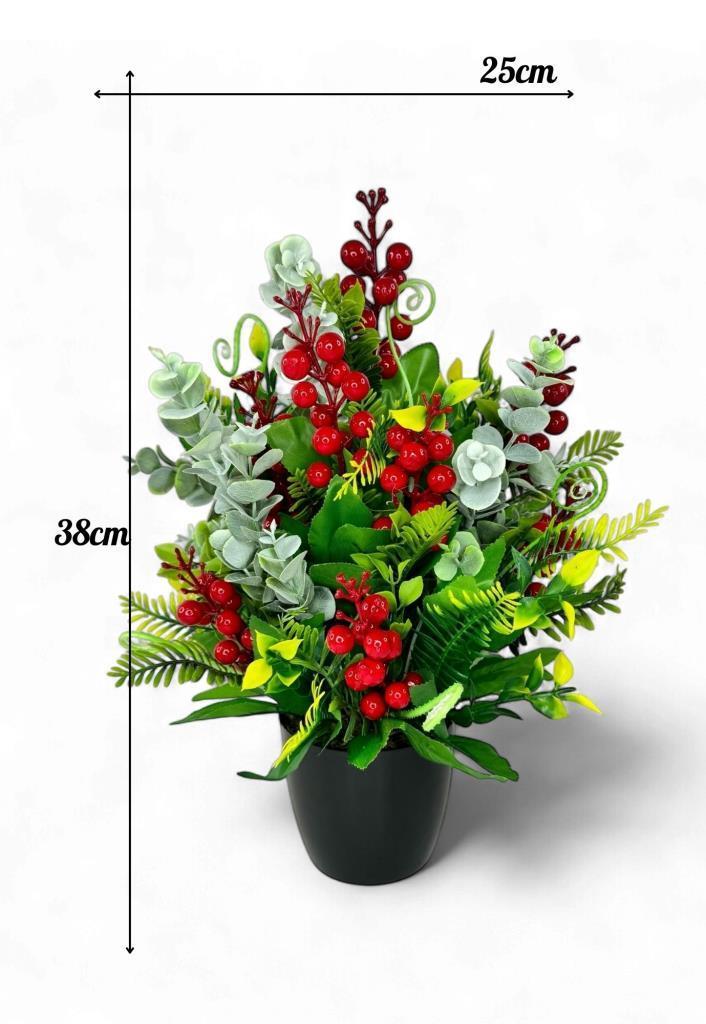 Yapay Çiçek Yılbaşı Çiçeği Kırmızı Kokina Ve Pastel Şimşir Siyah Saksıda