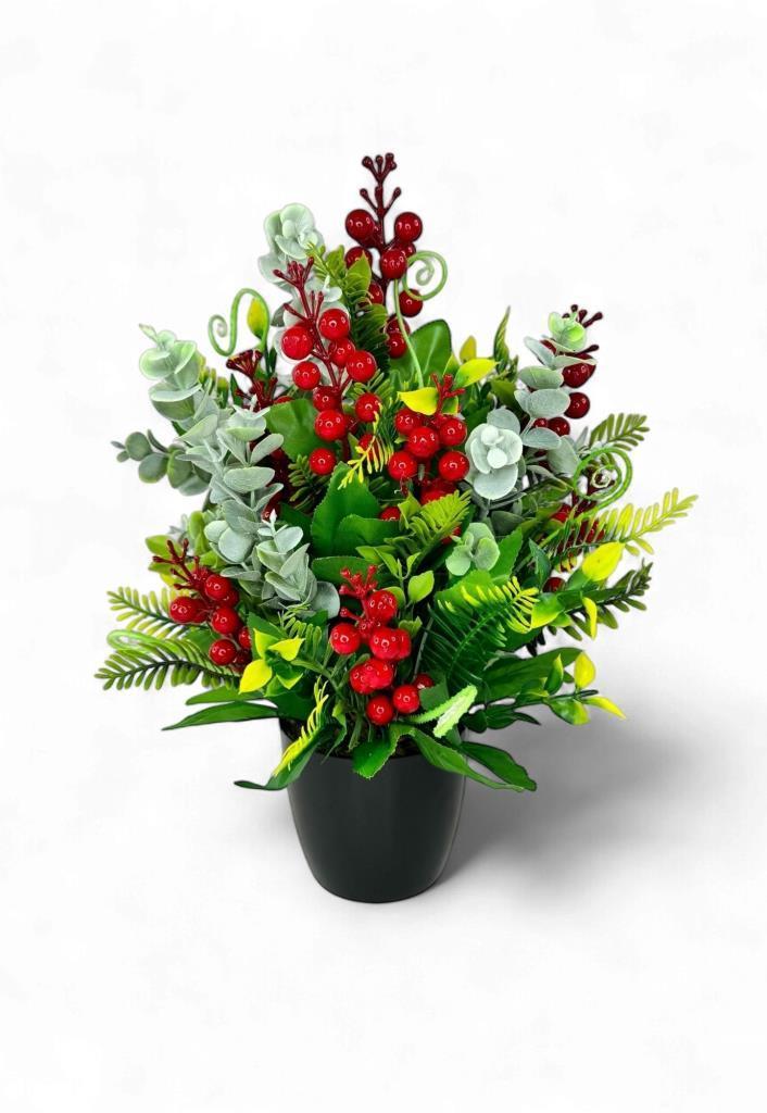 Yapay Çiçek Yılbaşı Çiçeği Kırmızı Kokina Ve Pastel Şimşir Siyah Saksıda