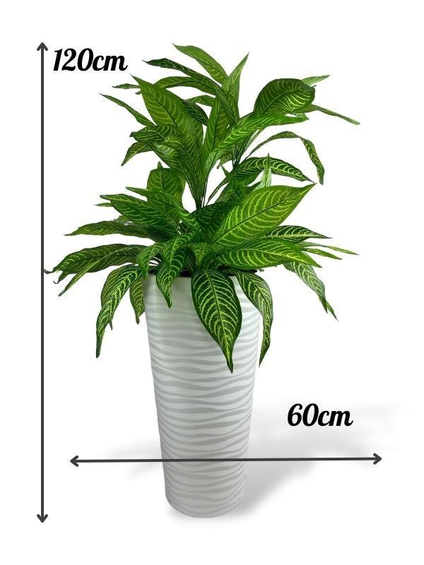 Yapay Çiçek Yukka Sarı Damarlı Salon Bitkisi Beyaz Uzun Kumsal Vazoda 120cm 60Yaprak