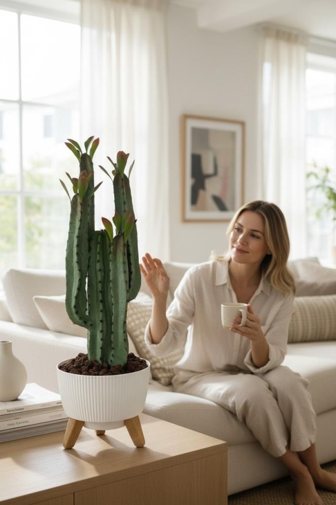 Yapay Kaktüs 4 Kollu Yapraklı Model Zigon Saksıda Yapay Bitki 70cm