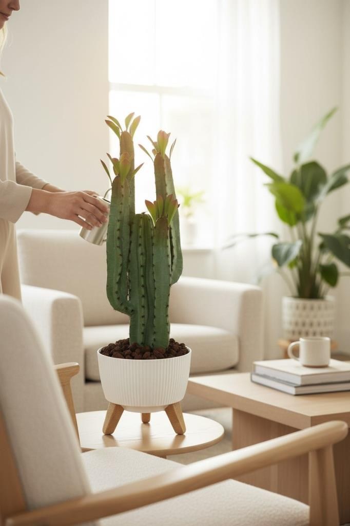 Yapay Kaktüs 4 Kollu Yapraklı Model Zigon Saksıda Yapay Bitki 70cm