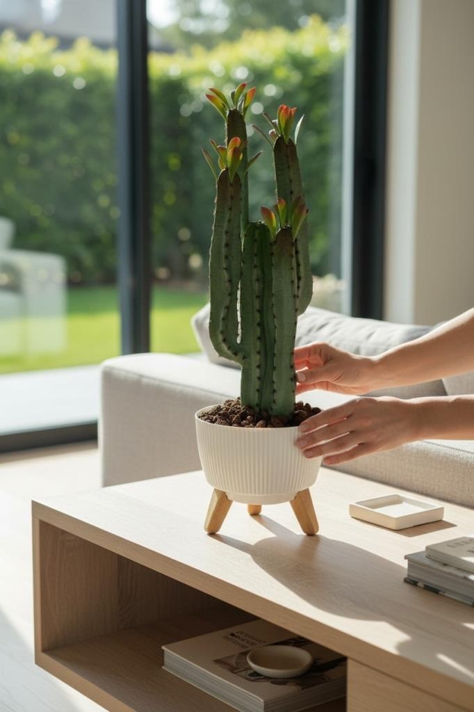 Yapay Kaktüs 4 Kollu Yapraklı Model Zigon Saksıda Yapay Bitki 70cm
