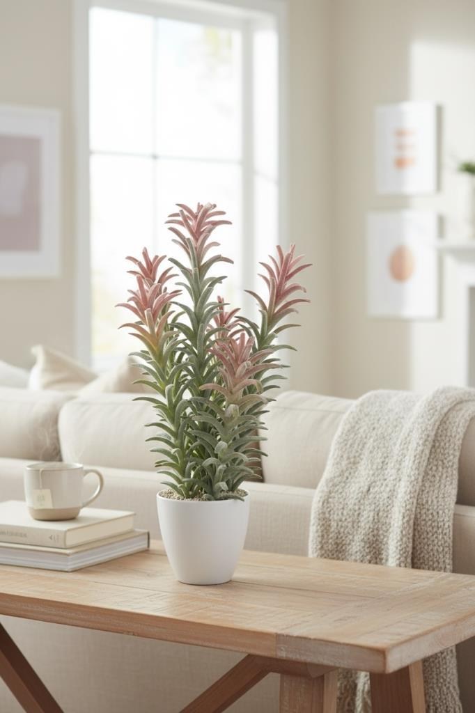 Yapay Kaktüs Ağacı Pembe Yeşil Renk - Beyaz Saksıda Yapay Bitki 55*25cm